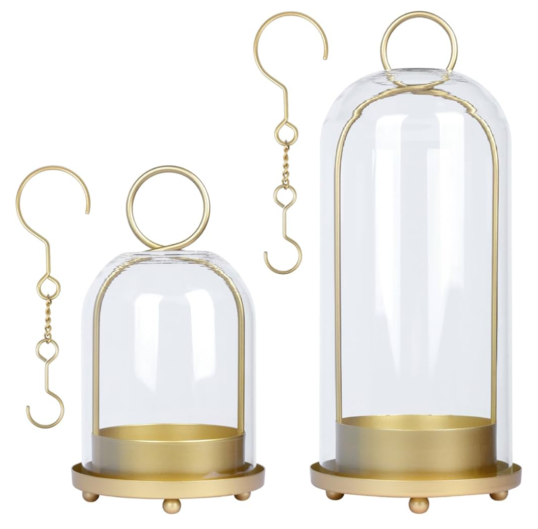 Fohil 5" & 4" Hurricane Glass Candle Holders, Set of 2 Metal Candle Holder with Handmade Sturdy Glass Dome, Candle Lantern for Pillar Candles, Plants, Table Centerpiece, Home Decor