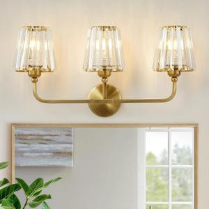 Bathroom Light Fixtures, Modern Vanity Light with Crystal Glass Shade, 3-Light Lighting Fixtures Over Mirror, Wall Light Lamp E26 Socket Vanity Light for Bathroom, Powder Room, Hallway