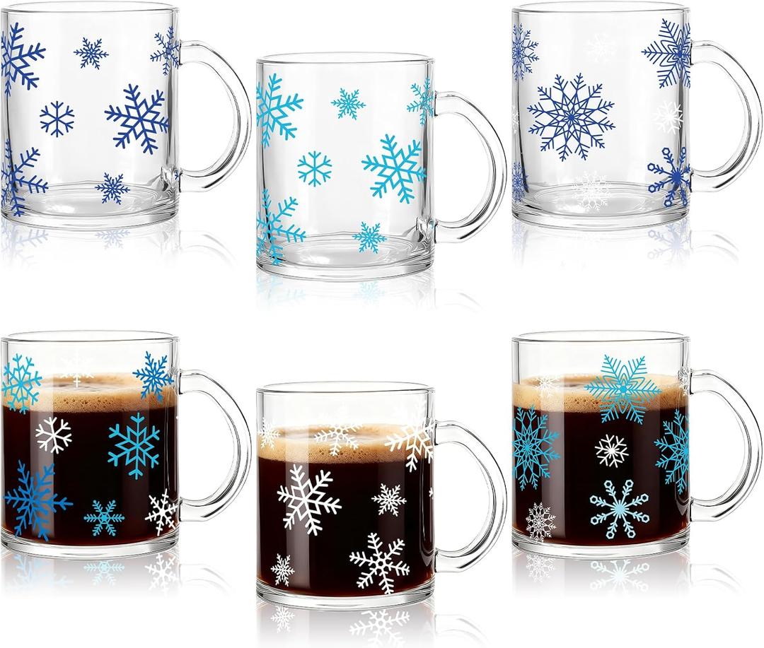 6 Pcs Snowflake Glass Mug Set,12 oz Christmas Coffee Mugs Winter Coffee Cup Glasses Blue and White Snowflake Cups with Handle Xmas Mugs for Home Office Hot Cold Drinks Water Tea Milk Beverage