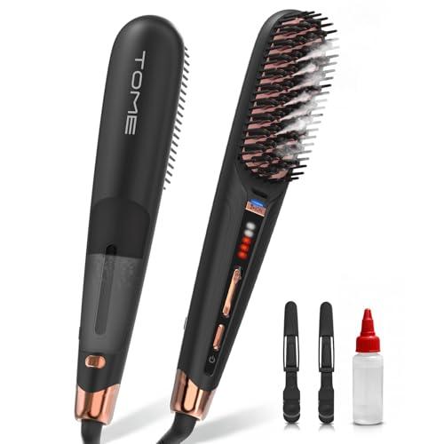 Tome Steam Straighteners Brush, Negative Ion Hair Straightener Brush to Manage & Shape, Wide Hot Comb for Medium to Thick Hair, Steam Brush for Women，Black