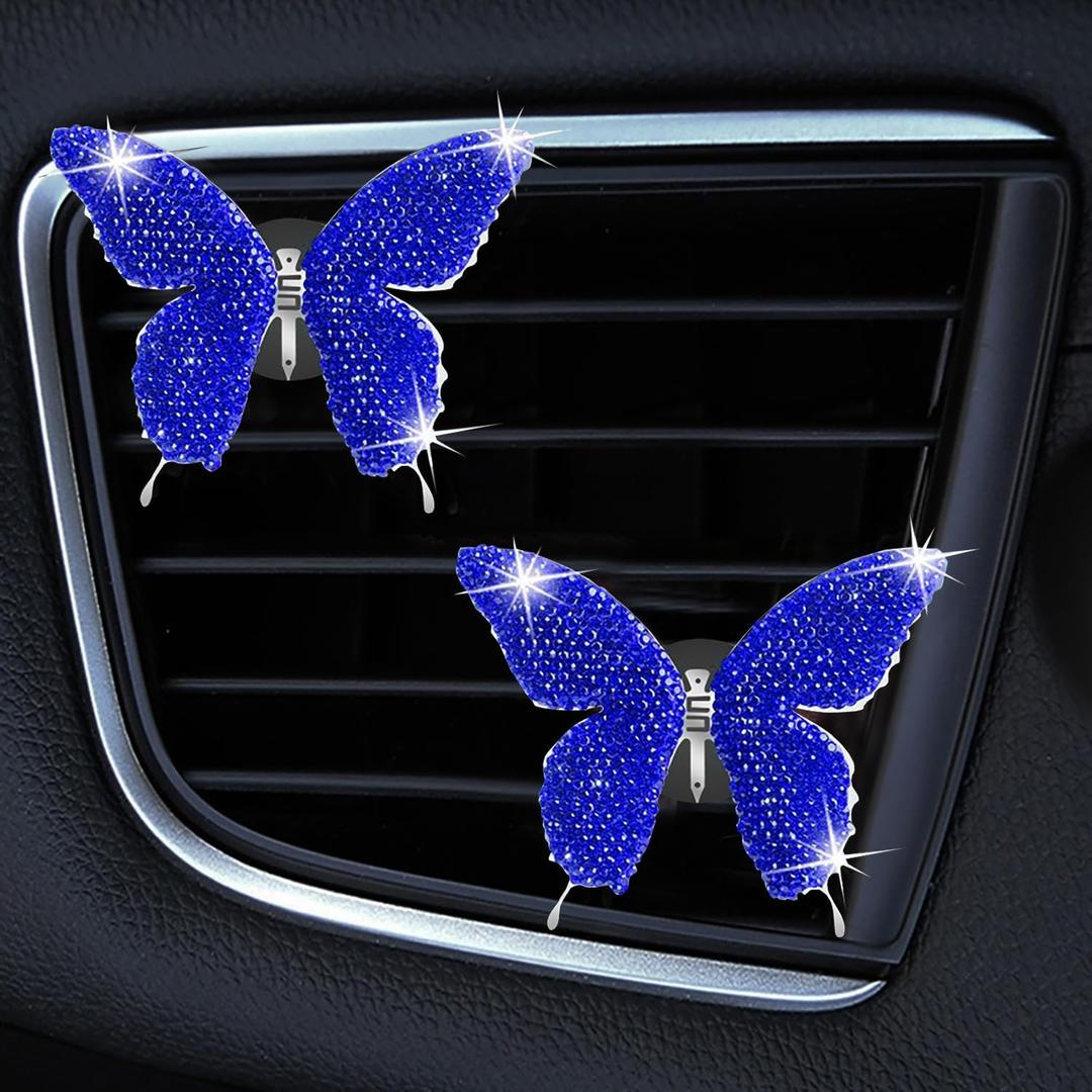 Dotesy 2 Pack Bling Bling Butterfly Air Vent Clips Crystal Butterfly Car Air Fresheners Vent Clips Diamond Cute Car Interior Decor for Women (Blue)