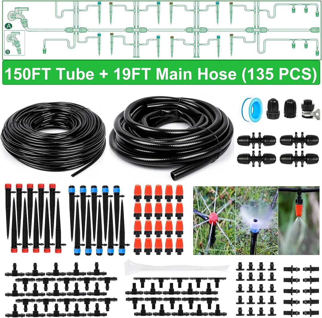 Bonviee 169FT Drip Irrigation System, Garden Watering System with 1/2"& 1/4" Tubing, Adjustable Drip Emitters and Barbed Fittings, Automatic Drip Irrigation Kit for Raised Garden, Greenhouse, Lawn