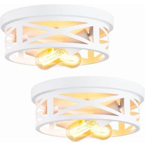 2 Pack Flush Mount Ceiling Light,White Hallway Light Fixtures Ceiling Metal Cage Ceiling Light Fixtures Flush Mount,Light Fixture Ceiling Mount for Kitchen Entryway Hallway,E26 Base (10.63in-White)
