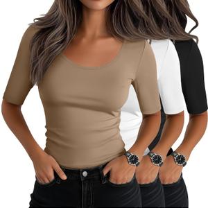 Neer 3 Pack Women's Scoop Neck Tops Half Sleeve Slim Fitted Cotton Blend Stretchy T-Shirts Tight Casual Basic Tees(XX-Large,Black, Khaki, White)