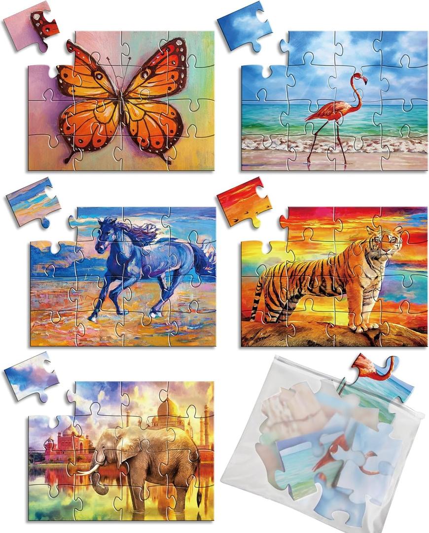 5 Packs 16 Piece Large Jigsaw Puzzles for Dementia Alzheimers Products Activities, Alzheimers Puzzles Memory Cognitive Games for Elderly Seniors with 5 Storage Bags, Gift for Elderly Adults, Animal