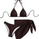 SHENHE Women's 3 Piece Textured High Cut Halter Triangle Bikini Swimsuit with Cover Up, S