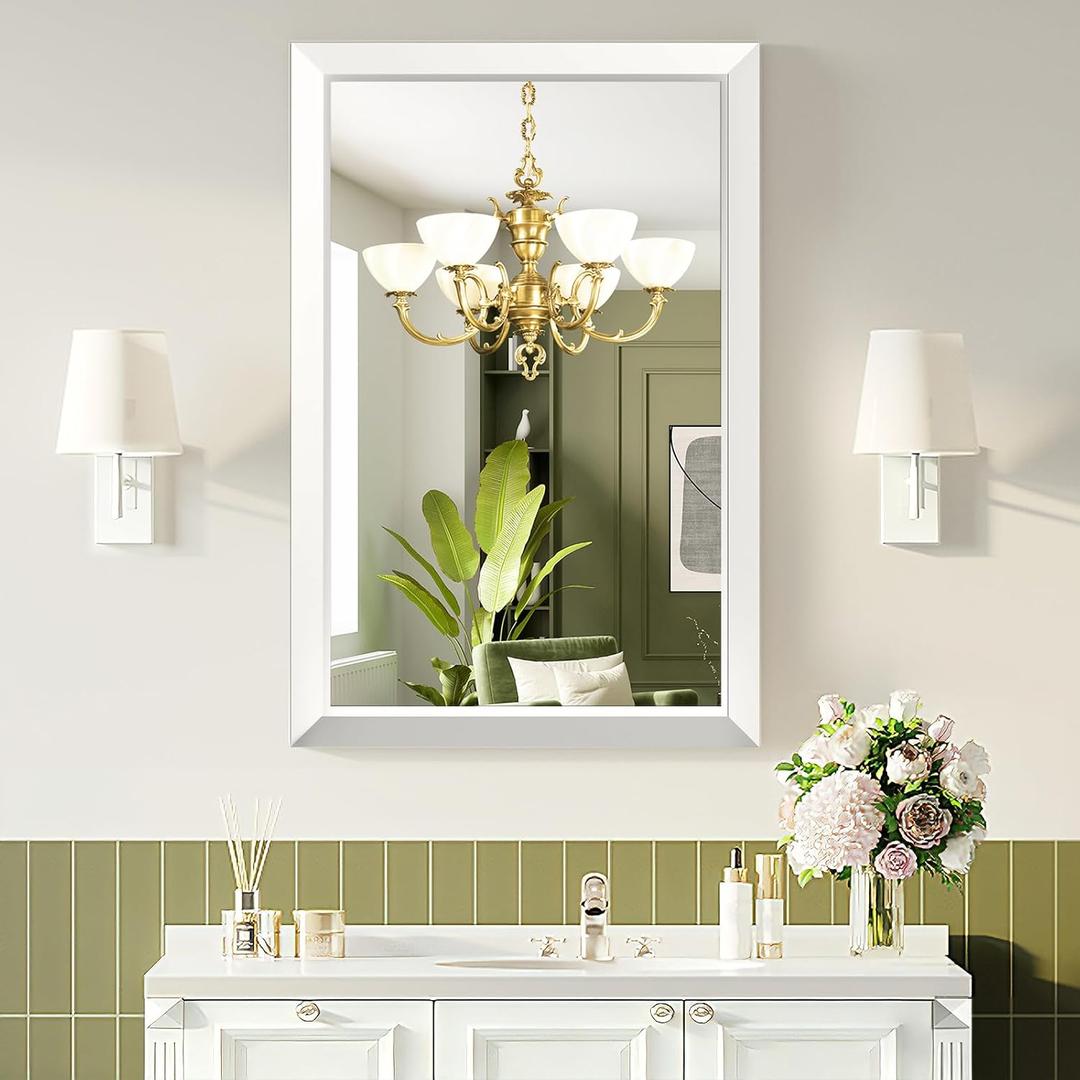 White Bathroom Mirror for Over Sink, 24x30Inch Thick Anti-Rust Metal Frame, Rectangle Decorative Wall Mirror with HD Tempered Glass Horizontal or Vertical Mount for Vanity, Bedroom, Living Room