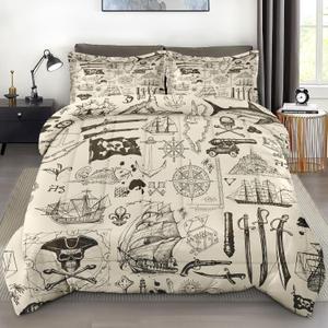 Comforter Set Twin Size, Pirate Vintage Skull Soft 2 Pcs Bedding for Kids and Adults, Nautical Sea Retro Comforter Set with Pillowcase, for Bedroom Bed Decor (Pirate Sailing Ship)