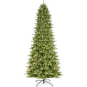 Puleo International 12ft Pre-Lit Slim Fraser Fir Christmas Tree with 1200 Clear Lights, 3903 Realistic Dense Branch Tips, Easy Setup Artificial Trees with Sturdy Metal Stand