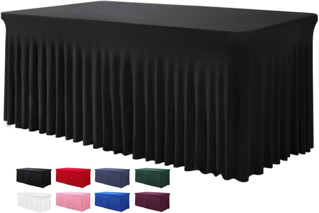 Table Skirts for Rectangle Tables 8ft - One-Piece Black Tablecloths and Skirt, Wrinkle Resistant Ruffles Elastic Cover for Banquets, Weddings, Events, Parties (96" x 30" (Rectangular))