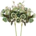 5 Stems 10 Heads Artificial Flowers Small Roses with Leaf Bouquet for Valentines Decoration Kitchen Wedding Office (2 Pack, Green)