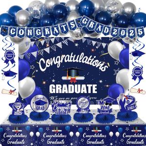 Graduation Decorations Party Supplies, Grad Party Supplies Class of 2025 Congrats Grad Party Decorations Graduation Party Decoration with Grad Balloons Hanging Swirls Backdrop Tablecloth, Blue