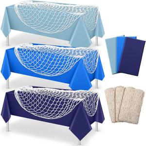 Unittype 6 Pcs Fish Net Decorative and Tablecloth Set, Cotton Fishnet and Plastic Table Cover Decorations Set for Nautical Themed Party Baby Shower Pirate Decorations Mermaid Party (Classic Color)