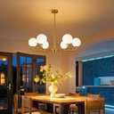 Gold Sputnik Chandelier 6-Light Mid Century Pendant for Dining Room | Mid century gold sputnik chandelier with frosted glass shades, G9 socket, adjustable hanging height for dining, kitchen,