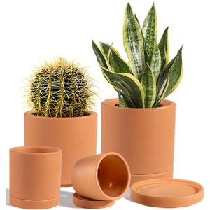 Vensovo Terracotta Pots with Drainage and Saucers - 3.5/4.2/5.2/6.0 Inch Clay Planters Set of 4, Round Cylinder Flower Pots for Succulents, Herbs, Indoor Outdoor Plants