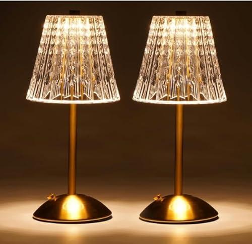 Nusogon Cordless Touch Table Lamp, 3500mAh LED Rechargeable Small Dask Lamp, 3 Colors Dimmable Battery Operated Crysta Lamp for Bedroom Restaurant Kitchen Home Decor, Gold, 2pcs