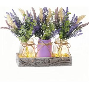 LUEUR Mason Jar Lights Centerpiece Table Decor with Wood Tray 3 Lighted Glass Jars with Purple Lavender Flowers, Home Decoration for Dining Table, Coffee Table, Kitchen & Living Room