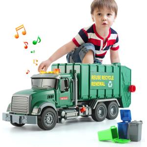 15" Large Garbage Truck Toy,Friction Powered Waste Management Garbage Truck with Lights and Sounds,3 Trash Cans, for Kids 3-5