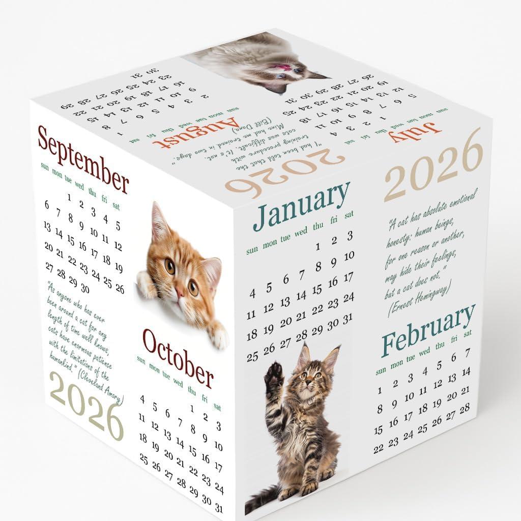2 x 2026 Cube Desk Calendar  Small 1010 cm Desktop Block Calendar with Cute Cat Photos & Quotes, Mini Desk Decor for Home & Office, Cat Lover Desk Accessory