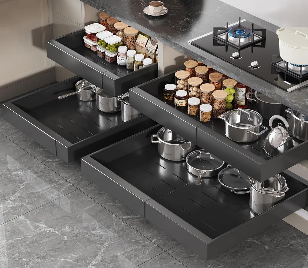 4 Pack Pull Out Cabinet Organizer 21" Deep,Full Extension 3 Slide Rails Slide Out Drawers With Raising Pad for Framed Cabinets,Expandable Width (15.4"-26.2"),No Drill Roll Out Shelves,Black