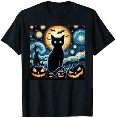 Halloween Starry Night Black Cat Van Gogh Halloween Cat T-Shirt for Men Women Kids L