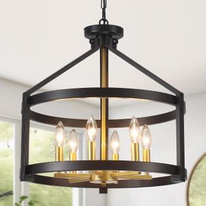 6-Light Modern Farmhouse Chandelier, Black and Gold Semi Flush Mount Ceiling Light Fixture Convertible Hanging Pendant Lights, Rustic Vintage Chandeliers for Dining Room Foyer Kitchen Bedroom Entryway, 20 inches