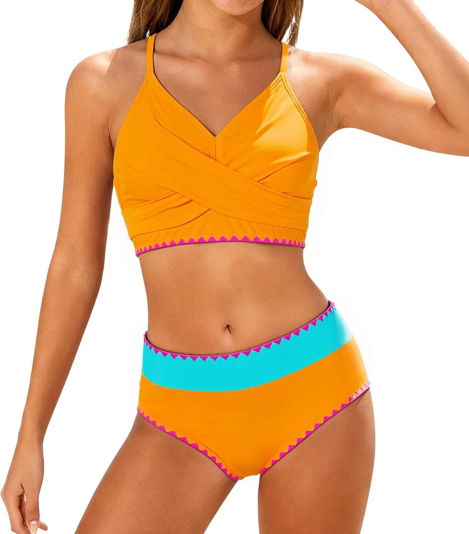 Kids4ever Girls Swimsuit 2 Piece Color Block Teen Bikini Sets with Adjustable Straps Bathing Suit Size (11-12 Years, Orange)