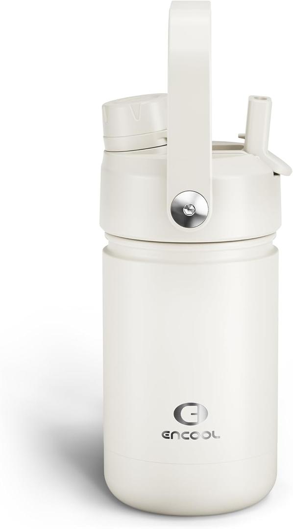 Kids Insulated Water Bottle with Straw - 12oz Stainless Steel Water Bottle with Dual Spouts, Leak-Proof, BPA-Free, Double Wall Vacuum Keeps Cold for 24 Hours for Sports, Travel, School (Cream Moon)