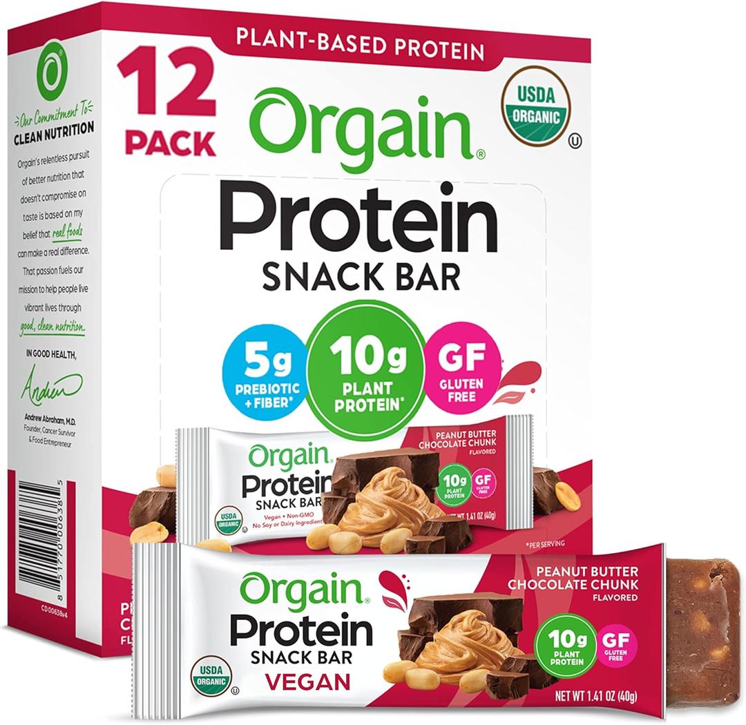 Orgain Organic Vegan Protein Bars, Peanut Butter Chocolate Chunk - 10g Plant Based Protein, Low Calorie Healthy Snacks, No Lactose or Soy Ingredients, Gluten Free, Non-GMO - 1.41 Oz (Pack of 12)