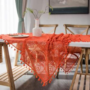 Orange Plaid Embroidered Tablecloth with Tassels Boho Handmade Crochet Square Table Cloth Lace Kitchen Dinning Table Desk Cover for Wedding Party Decor, 55"x55"