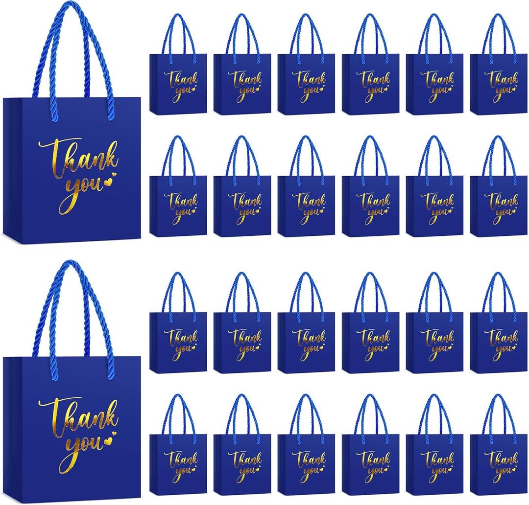 Honoson 30 Pcs Mini Gift Bag with Handle 4 x 2.75 x 4.5'' Small Thank You Bag Foil Paper Tote for Christmas Wedding Baby Shower Birthday Graduation Party Favor Supplies (Dark Blue/Gold)