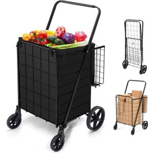HABUTWAY Grocery Cart on Wheels with Removable Liner, Folding Shopping Cart, Heavy Duty Shopping Carts for Groceries, 360 Rolling Laundry Cart, Lightweight Trolley for Seniors 220lb Capacity Black