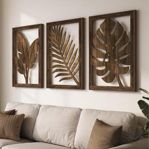 Framed Boho Cutout Carved Wood Wall Art Decor for Living Room, 24x36 Inch, 24" W x 36" H x 3 Pcs