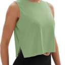 MAGCOMSEN Tank Tops for Women Crop Workout Sleeveless Tank Loose Fit Gym Yoga Muscle Top with Side Slits (Green, L)