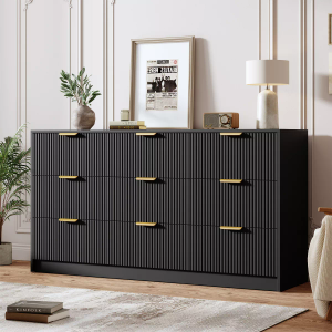 Garvee Fluted 9 Drawers Dresser for Bedroom, Wide Modern Chest of Drawers with Metal Handles, For Living Room, Entryway, Hallway, Black