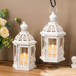 TRIROCKS Set of 2 Vintage Decorative Lanterns 9.5" H Hanging Lantern Metal Candleholder with Tempered Glass for Indoor Outdoor Home Decor Parties Garden Events Wedding(White with Grey Brush)