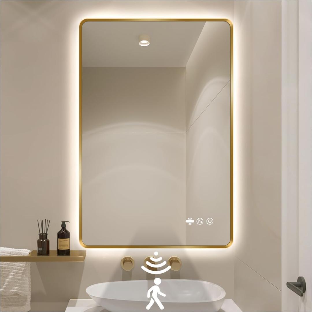 36" H x 24" W Gold LED Bathroom Mirror, Smart Backlit Mirror with Motion Sensor Lights, Anti Fog, Stepless Dimmable & Color Temperature Adjustment, Wall Mounted Vanity Mirror, CRI93