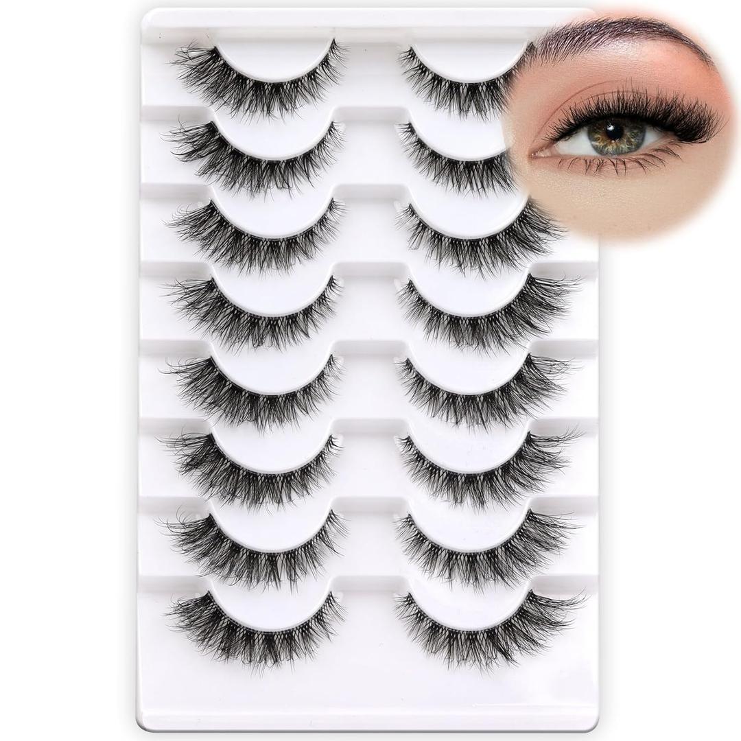 Cat Eye Lashes Wispy False Eyelashes 5-14mm Short Fake Lashes Natural Look D Curl Strip Lashes with Clear Band 8 Pairs Soft Fluffy Lashes Pack 