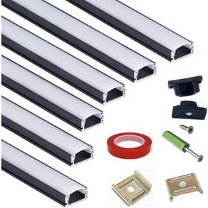 6-Pack 16-Inch U Shape Surface Mounted LED Strip Black Channel with Anti UV Diffuser - Versatile Lighting Solution for Elegant Ambiance and Enhanced Illumination