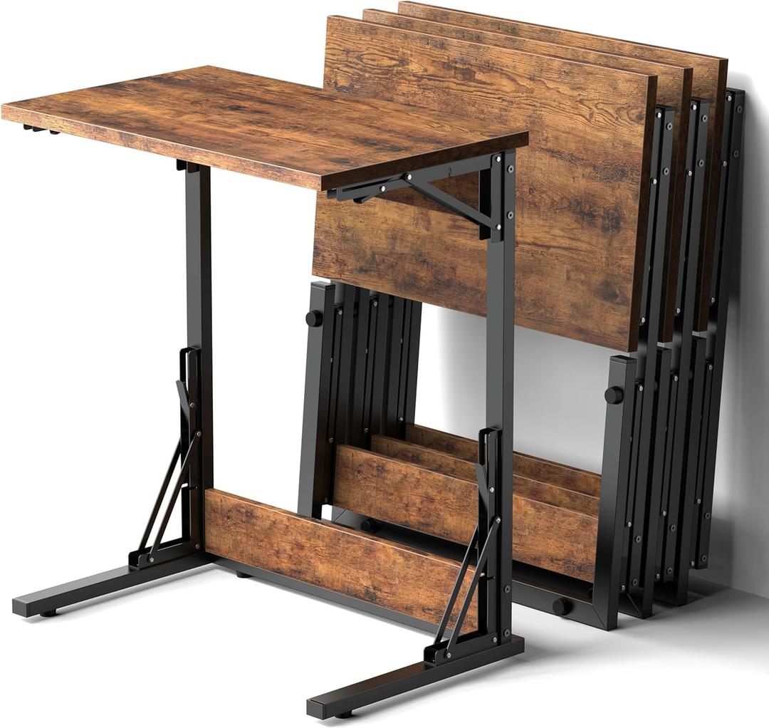 Tatub 24" Folding C Shaped End Table Set of 4, Small Sofa Side Laptop Desk, Couch TV Tray Table for Living Room, Bedroom, Rustic Brown