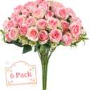 Ovveroche 6 Stems 10 Heads Pink Artificial Silk Roses Bouquets with Leaf Faux Flowers for Wedding, Grave Decor, Home Indoor, Outdoor Wedding Office Use