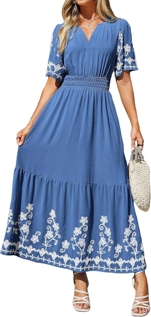 Simplee Women Summer Maxi Dress Formal Short Sleeve Embroidery Floral Boho Wedding Guest Tea Party V Neck Dresses 2026 (Small, Blue)