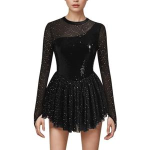 AFAVOM Sequin Figure Skating Dress for Women Girls Long Sleeve Mesh Rhinestone Ice Skating Dress Glitter Asymmetrical Chiffon Skirt Shiny Ballet Lyrical Costume for Competition Performance Black M