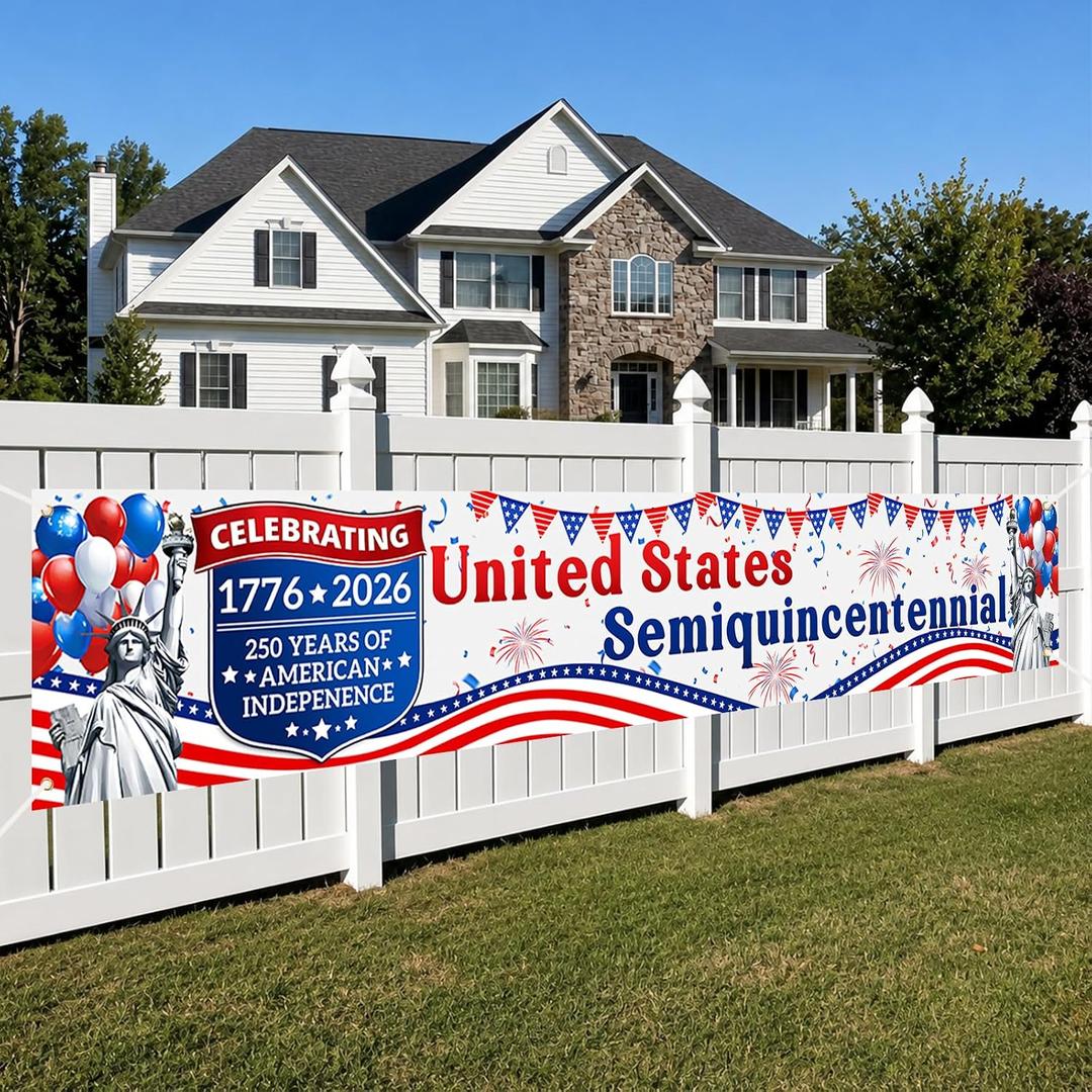 2 x 250th Anniversary Banner Flag 1776-2026, Patriotic 250th Anniversary USA Banner for July 4th Decorations, White Red Blue American Anniversary Flag, Outdoor Indoor Decor for Yard Garden Porch Fence