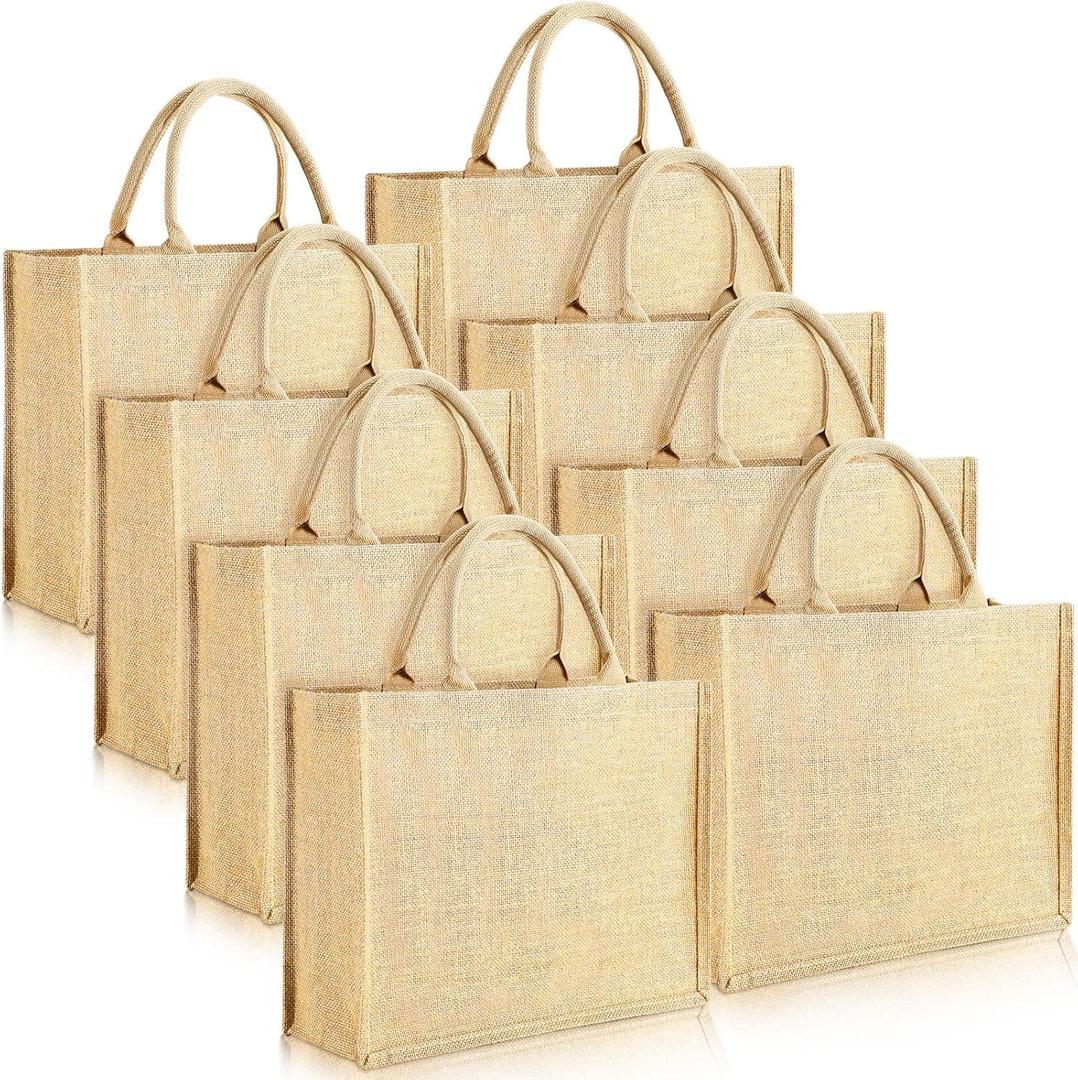 Shappy 8 Pack Burlap Tote Bags with Handles 15.8 x 11.8 x 5.9 Jute Tote Bags with Laminated Interior Reusable Grocery Bag for Women Bridesmaid Wedding Gift DIY Art Crafts Decoration Beach