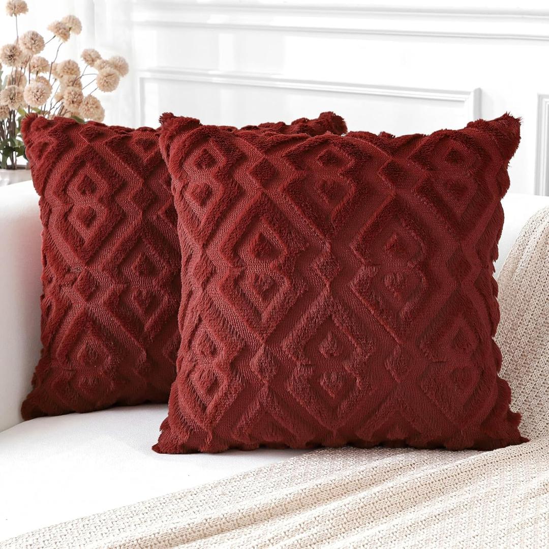Artscope Burgundy Throw Pillow Covers 18x18 Set of 2 Soft Plush Faux Wool Couch Pillow Covers Decorative Throw Pillows for Couch, Bed, and Home Decor