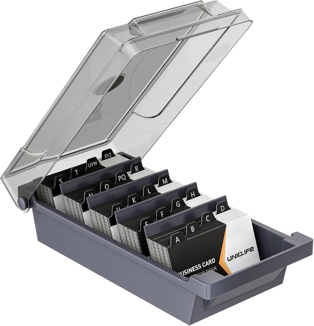 Uniclife Business Card Holder for Desk, Large Plastic Business Card Organizer Business Card Box with Lid, Dividers & A-Z Index Tabs, Desktop Index Card Holder, Name Card Storage Box, 500 Card Capacity (Medium)