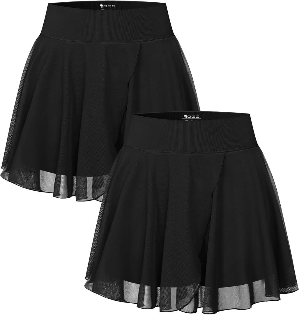 OOQ Women Skirts 2 Pack 2 in 1 Flowy Mesh High-Waisted Basic Versatile Casual Mini Flare Skirt with Pockets, Black, Large
