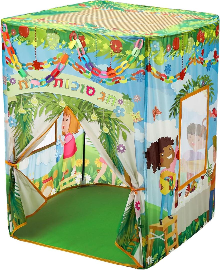Children's Pop up Sukkah, Kids Play Sukkot Tent with 180 Paper Chain Strips, Foldable Playhouse Tent for Indoor Outdoor Game Party Boys Girls Birthday Gifts, 38.5in X 38.5inX 48.2in