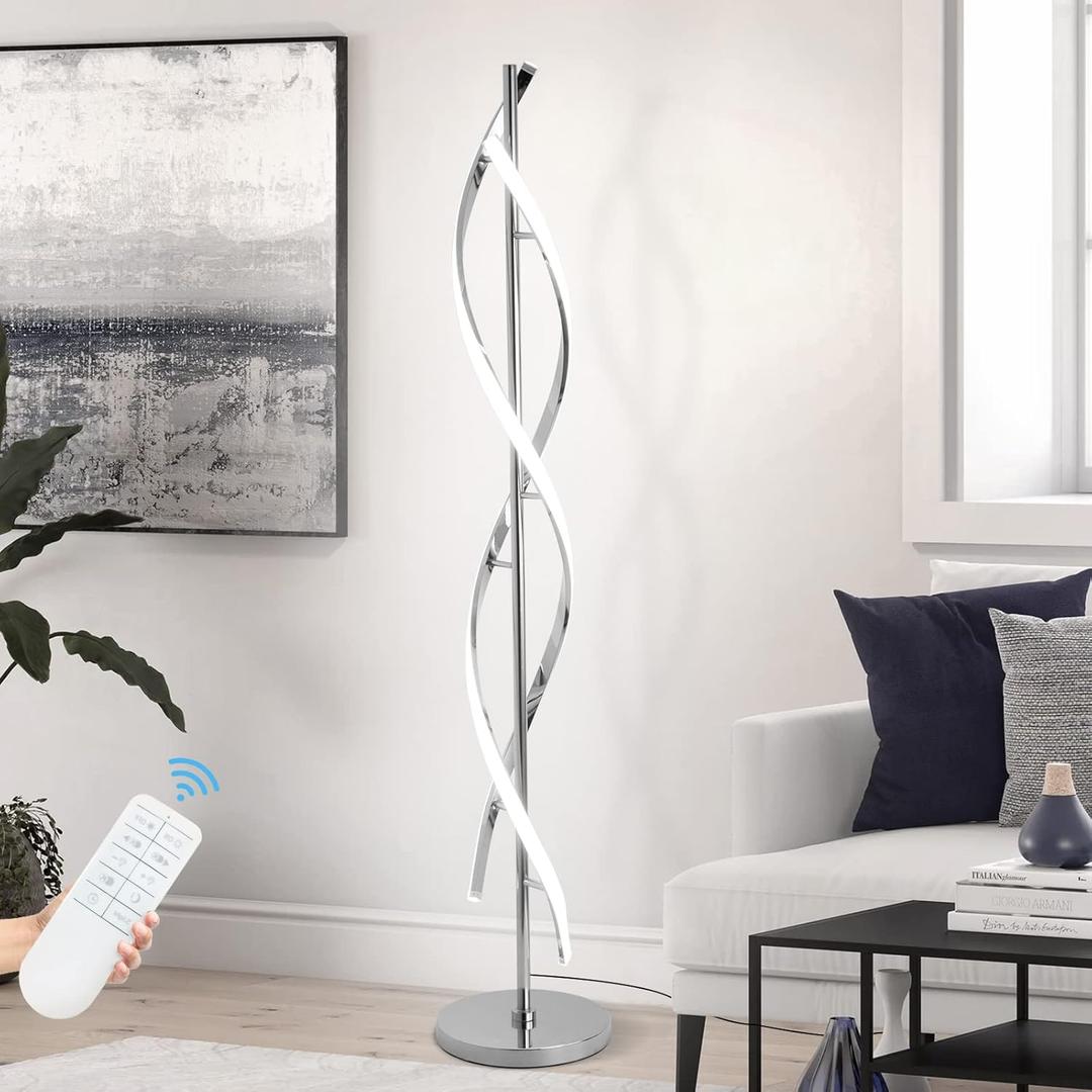 LED Modern Floor Lamp for Living Room, 40W 3 Colors Stepless Dimmable and Color-Changing Bright Floor Standing Lamp,60" Unique Spiral Floor Tall Lamp for Bedroom Office with Remote,Chrome (Silver-DNA)